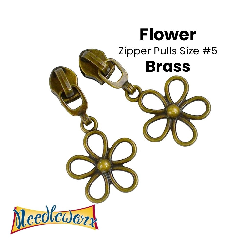 ZIPPER PULL #5 FLOWER BRASS