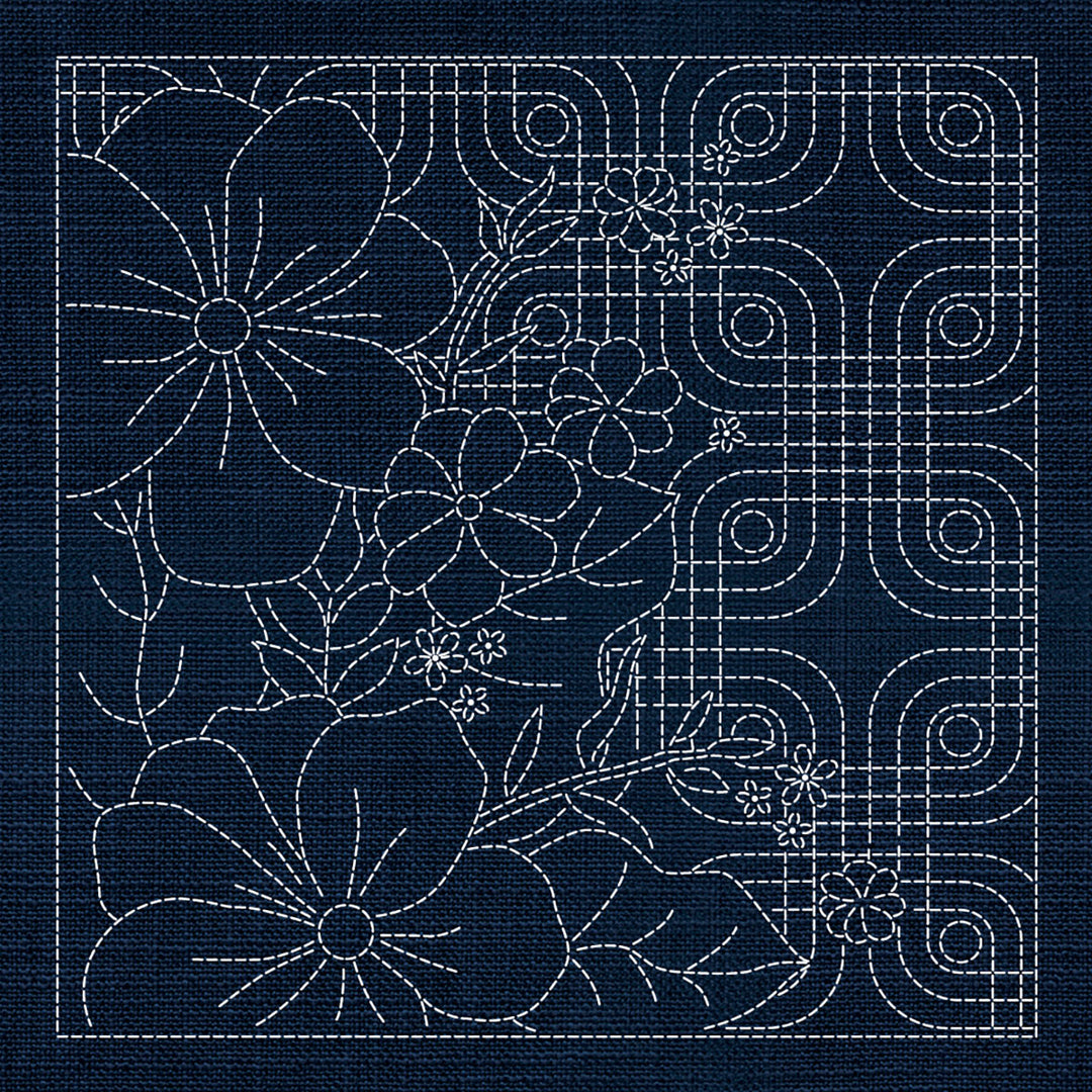 SASHIKO GEOMETRIC BLOSSOMS 1 - INDIGO 33CM X 33CM