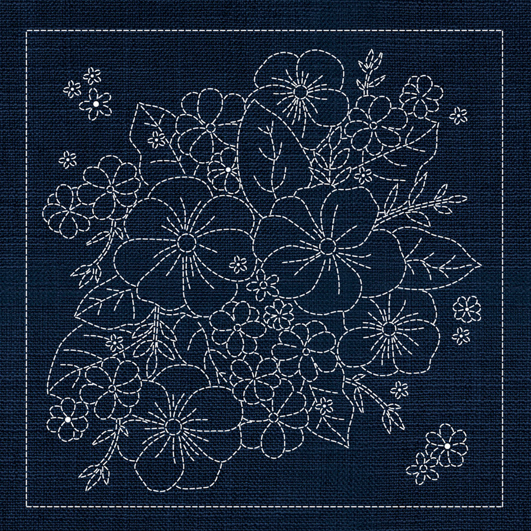 SASHIKO GEOMETRIC BOUQUET 3 - INDIGO 33CM X 33CM