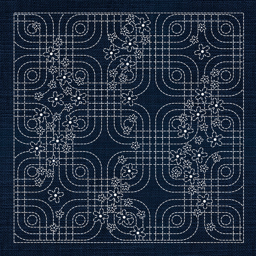 SASHIKO GEOMETRIC FLORAL 4 - INDIGO 33CM X 33CM