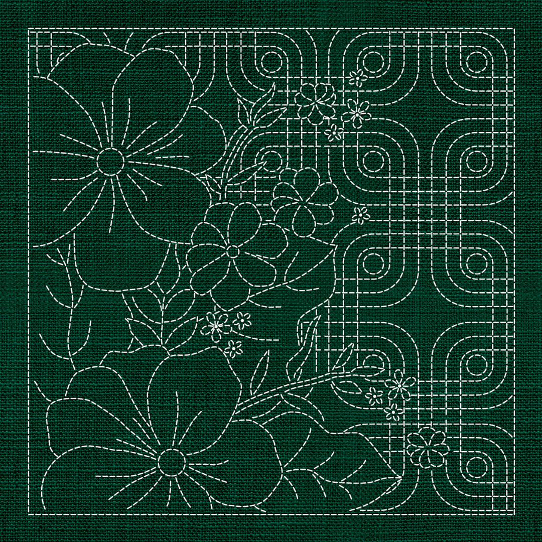SASHIKO GEOMETRIC BLOSSOMS 1 - GREEN 33CM X 33CM