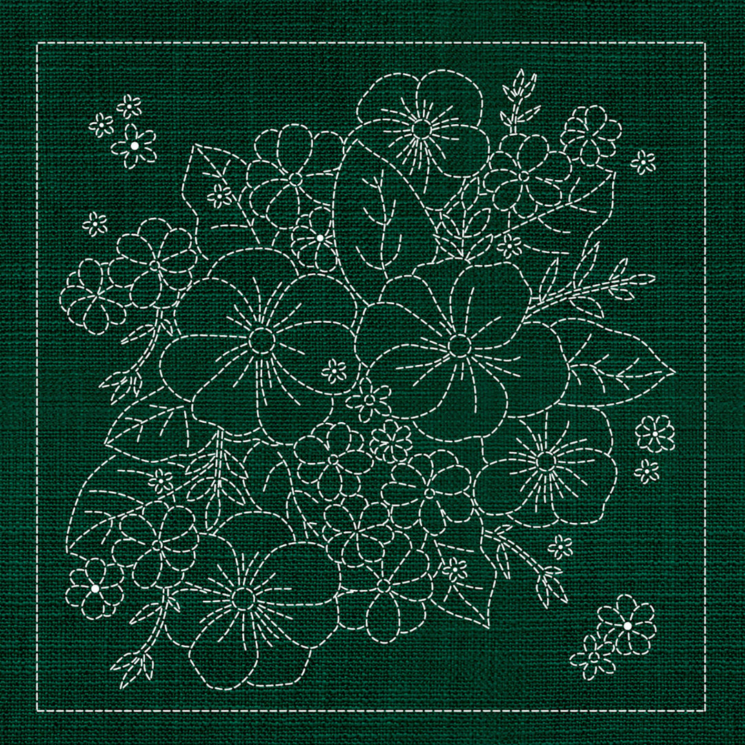 SASHIKO GEOMETRIC BOUQUET 3 - GREEN 33CM X 33CM
