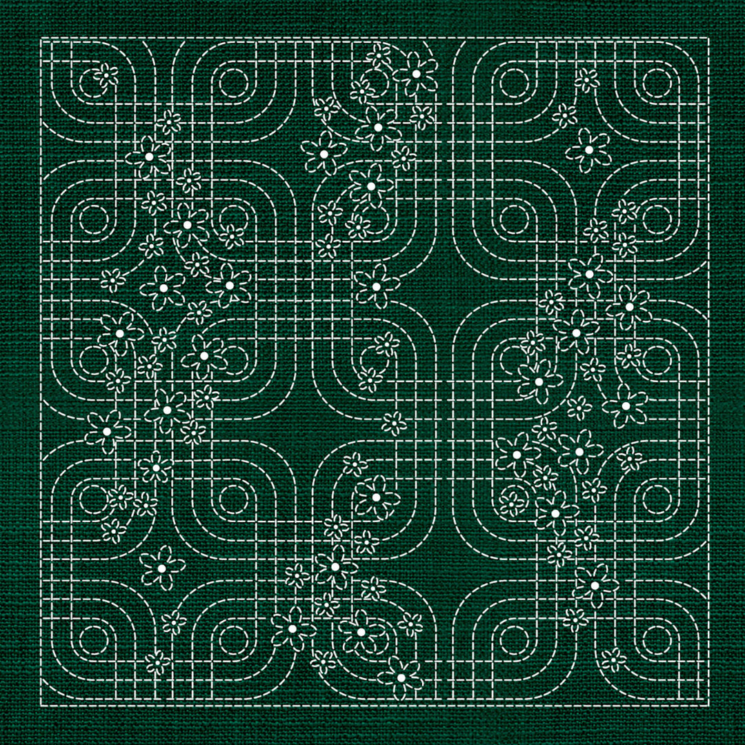 SASHIKO FLORAL GEOMETRIC 33CM X 33CM GREEN