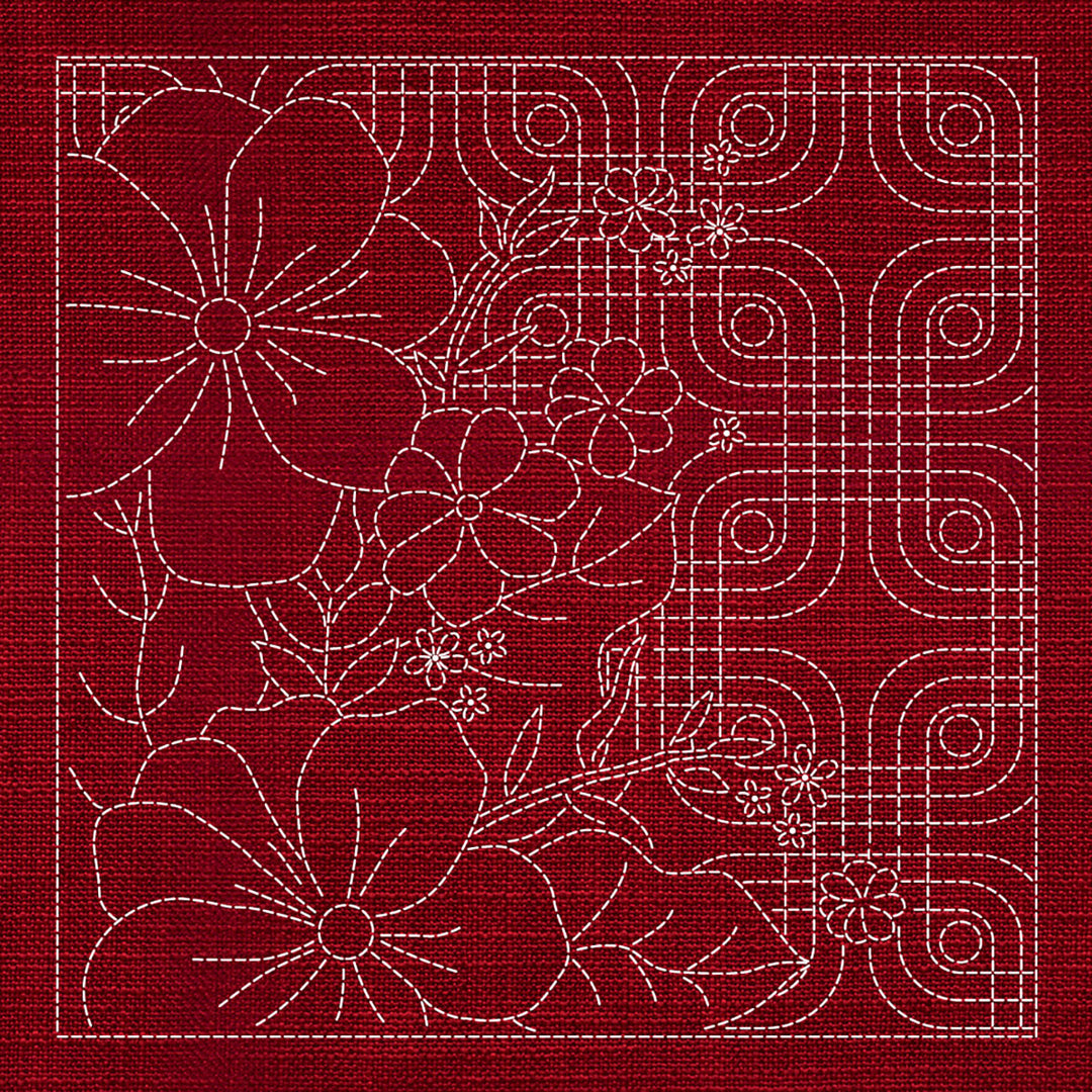 SASHIKO GEOMETRIC BLOSSOMS 1- CHERRY RED 33CM X 33CM