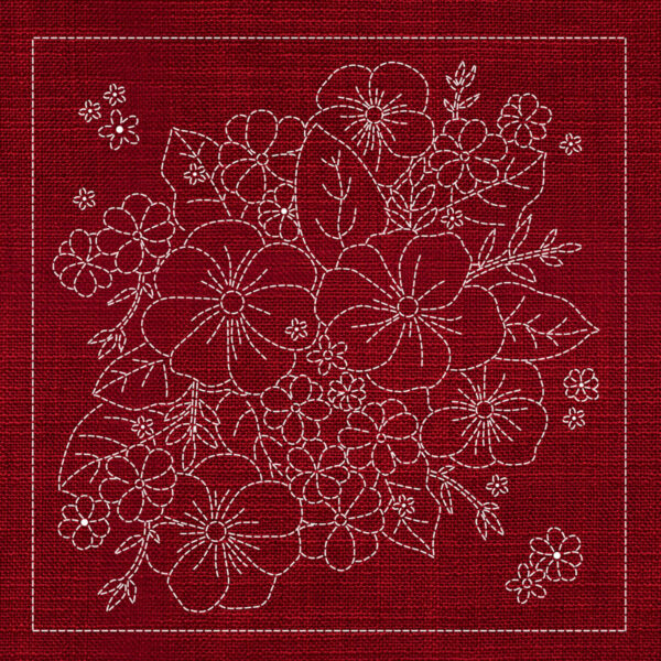 SASHIKO GEOMETRIC BOUQUET 3 - CHERRY RED 33CM X 33CM