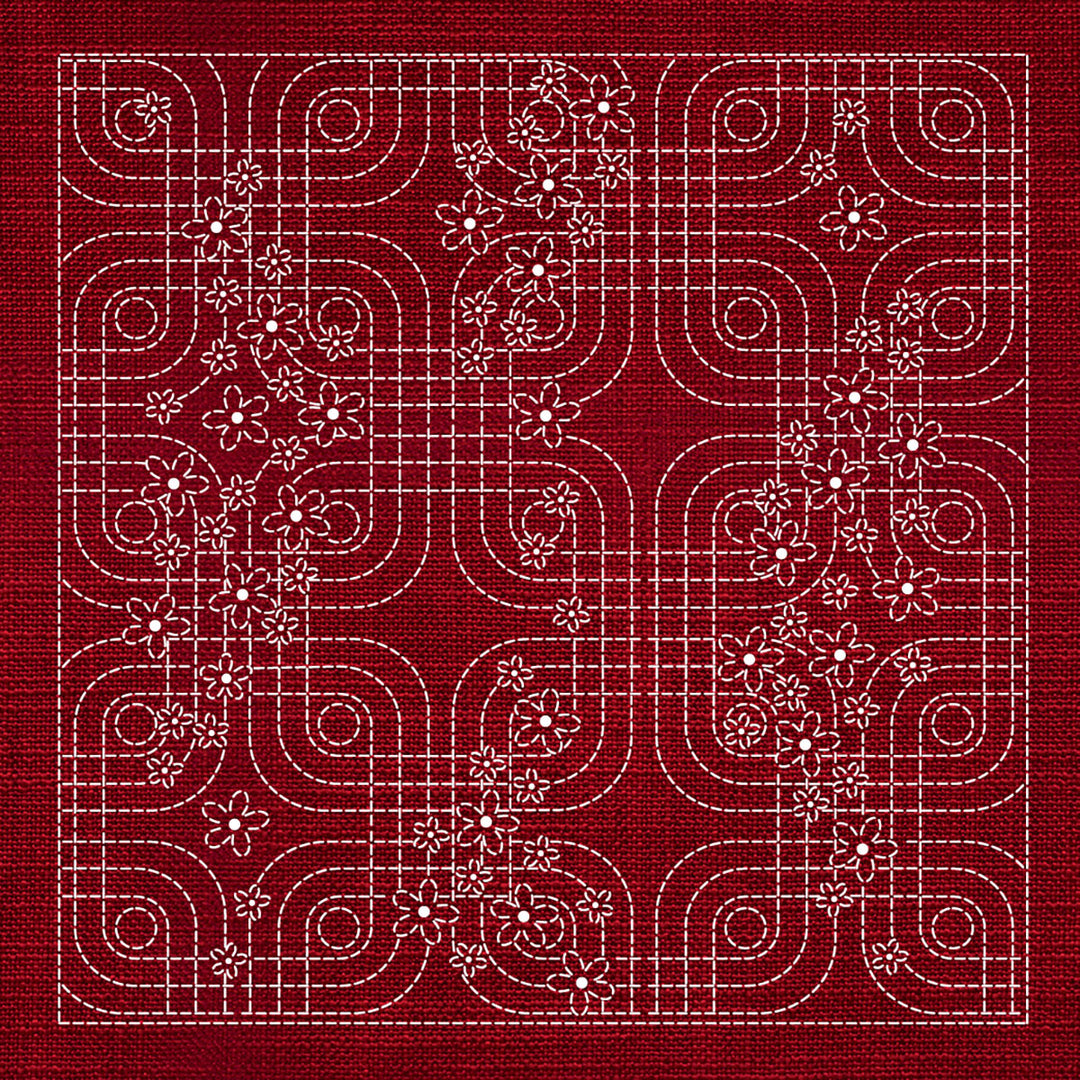 SASHIKO FLORAL GEOMETRIC 33CM X 33CM CHERRY RED