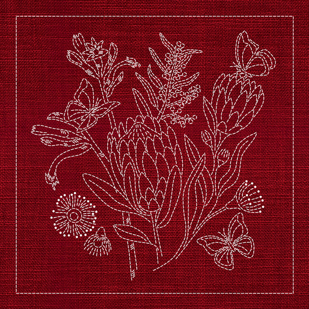 SASHIKO AUSTRALIAN NATIVE FLOWERS 1 33CM X 33CM CHERRY RED