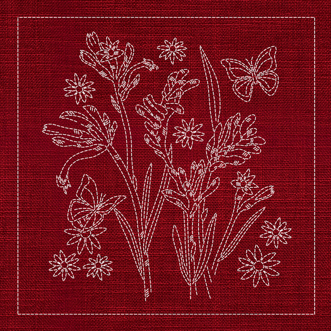 SASHIKO AUSTRALIAN NATIVE FLOWERS 2 33CM X 33CM CHERRY RED