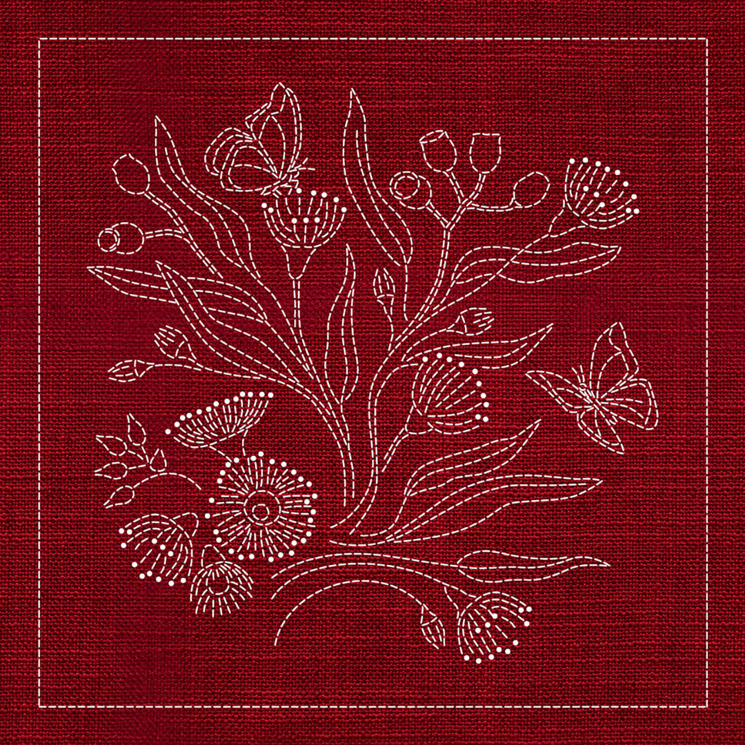 SASHIKO AUSTRALIAN NATIVE FLOWERS 3 33CM X 33CM CHERRY RED