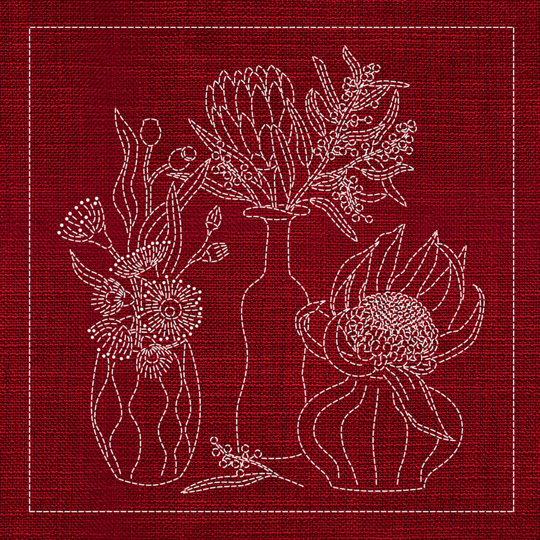 SASHIKO AUSTRALIAN NATIVE FLOWERS 4 33CM X 33CM CHERRY RED