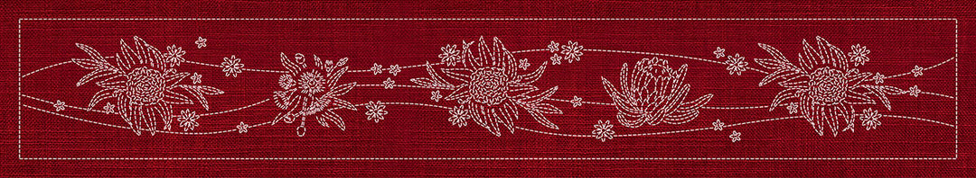 SASHIKO AUSTRALIAN NATIVE FLOWERS 5 RUNNER 93.3CM X 14CM CHERRY RED