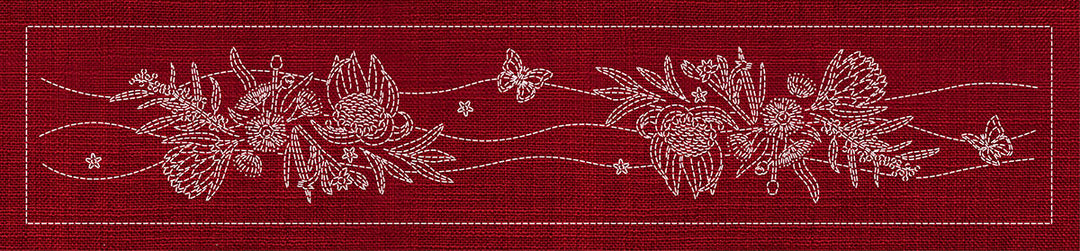 SASHIKO AUSTRALIAN NATIVE FLOWERS 6 RUNNER 72.5CM X 14CM CHERRY RED