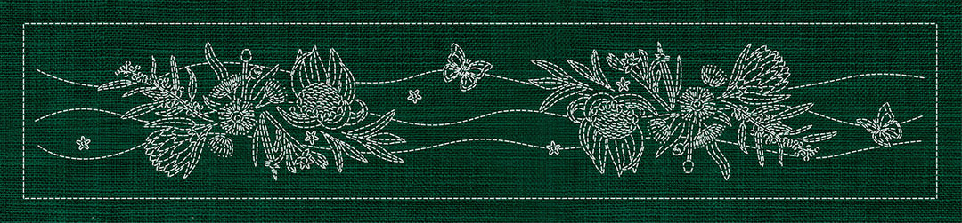 SASHIKO AUSTRALIAN NATIVE FLOWERS 6 RUNNER 72.5CM X 14CM GREEN
