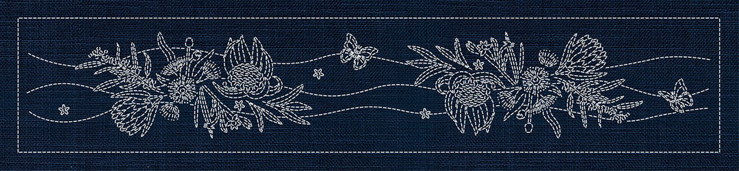 SASHIKO AUSTRALIAN NATIVE FLOWERS 6 RUNNER 72.5CM X 14CM INDIGO