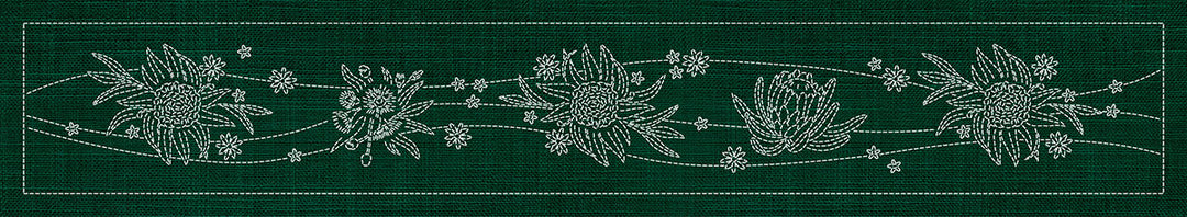 SASHIKO AUSTRALIAN NATIVE FLOWERS 6 RUNNER 93.3CM X 14CM GREEN