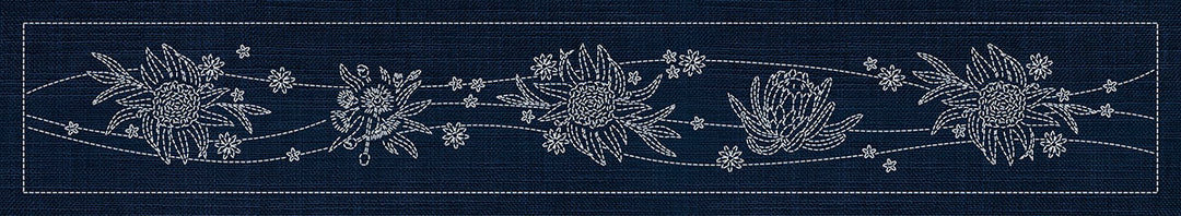 SASHIKO AUSTRALIAN NATIVE FLOWERS 6 RUNNER 93.3CM X 14CM INDIGO