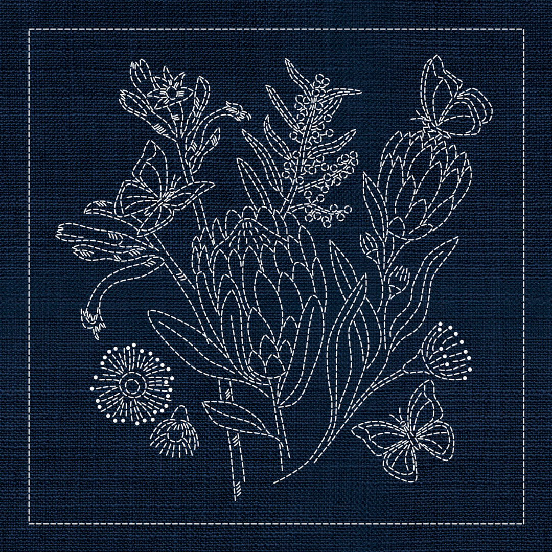 SASHIKO AUSTRALIAN NATIVE FLOWERS 1 33CM X 33CM INDIGO