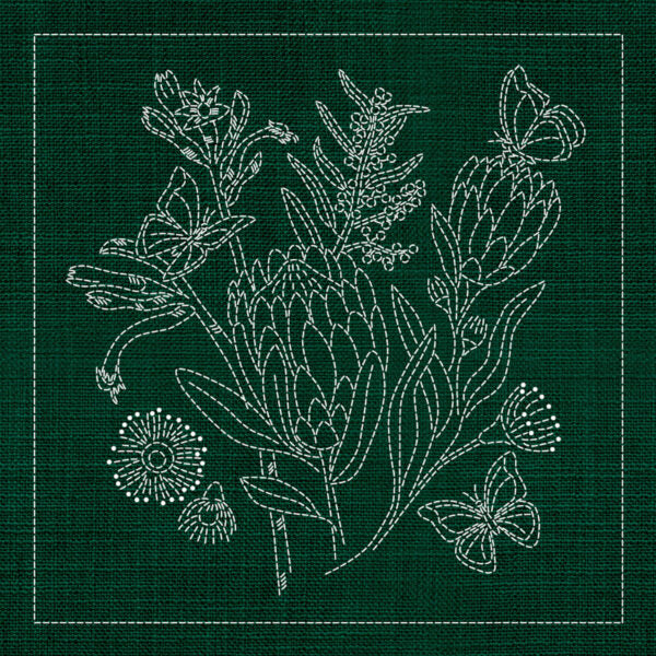 SASHIKO AUSTRALIAN NATIVE FLOWERS 1 33CM X 33CM GREEN