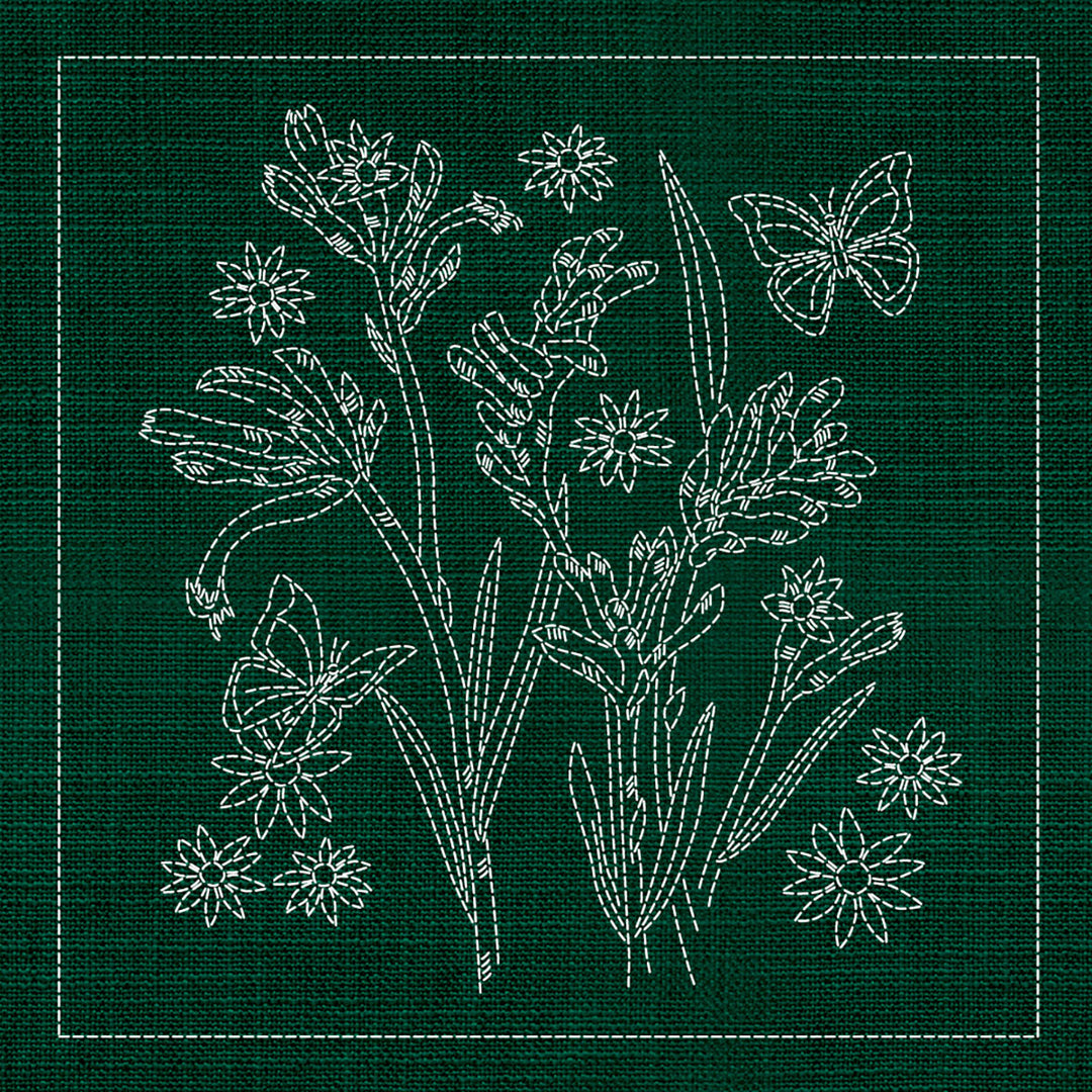 SASHIKO AUSTRALIAN NATIVE FLOWERS 2 33CM X 33CM GREEN