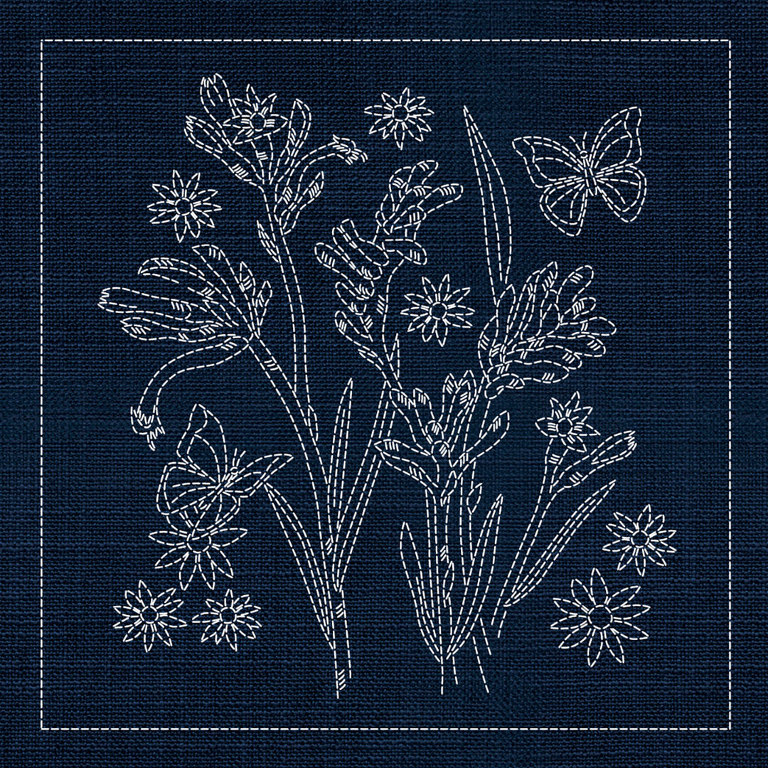 SASHIKO AU NATIVE FLOWERS 2 - INDIGO 33CM X 33CM