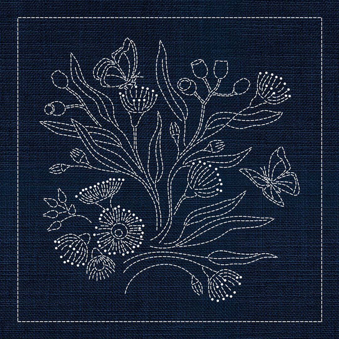 SASHIKO AUSTRALIAN NATIVE FLOWERS 3 33CM X 33CM INDIGO