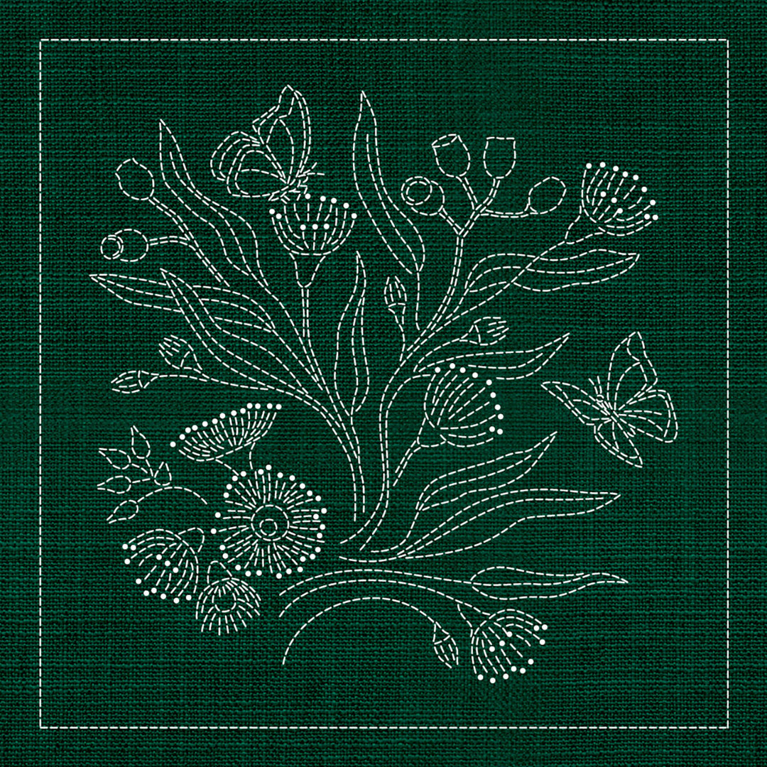 SASHIKO AUSTRALIAN NATIVE FLOWERS 3 33CM X 33CM GREEN