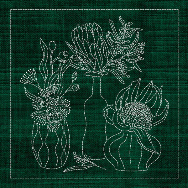 SASHIKO AU NATIVE FLOWERS 4 - GREEN 33CM X 33CM