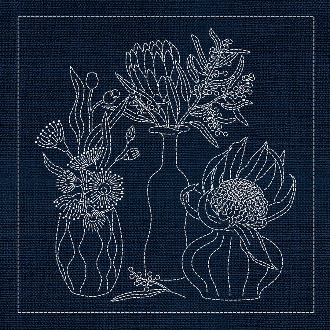 SASHIKO AUSTRALIAN NATIVE FLOWERS 4 33CM X 33CM INDIGO