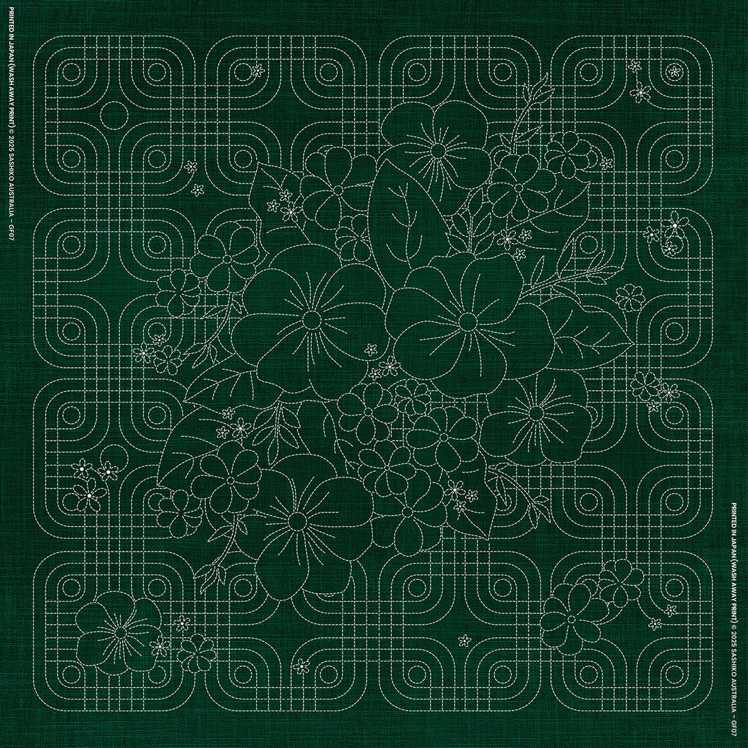 SASHIKO BLOSSOM BOUTIQUE GEOMETRIC 100CM X 100CM GREEN