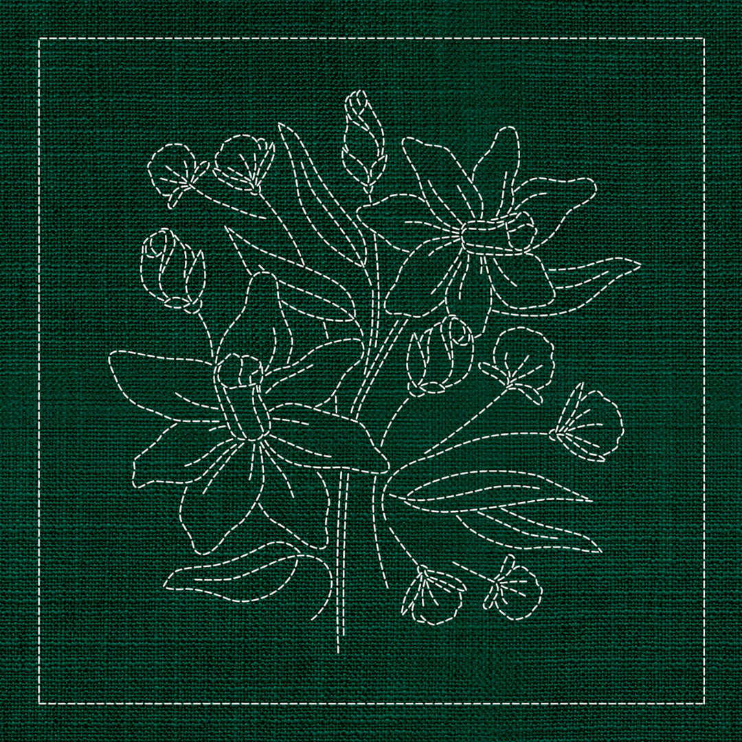 SASHIKO WILDFLOWER DAFFODIL 3 - GREEN 33CM X 33CM