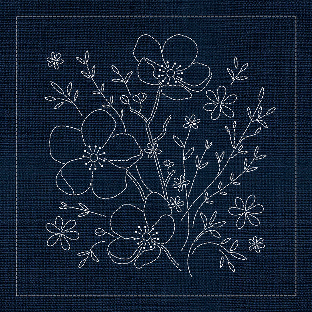SASHIKO WILDFLOWER BLOSSOM 4 - INDIGO 33CM X 33CM