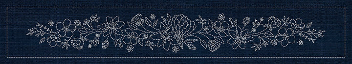 SASHIKO WILDFLOWER BOUQUET RUNNER 5 - INDIGO 93.3CM X 14CM