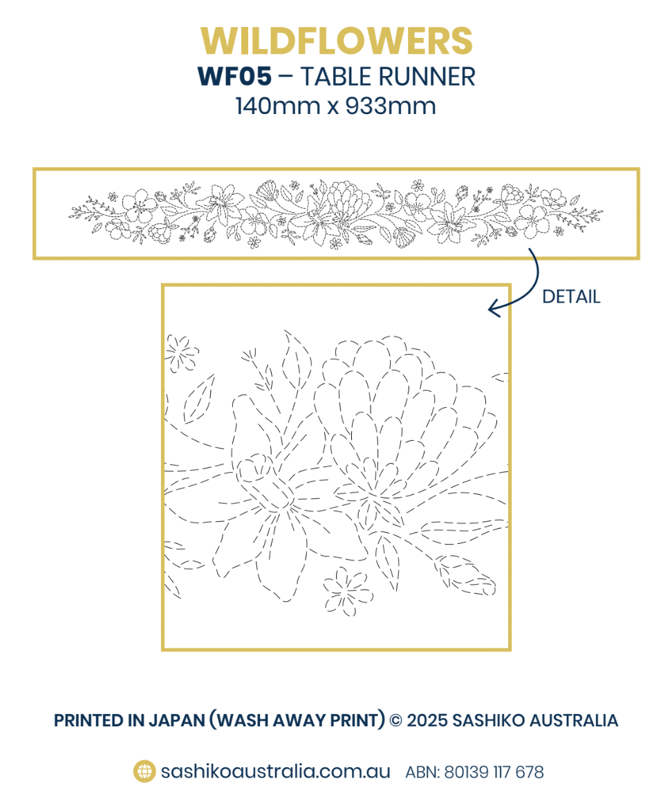 SASHIKO WILDFLOWER BOUQUET RUNNER 93.3CM X 14CM INDIGO