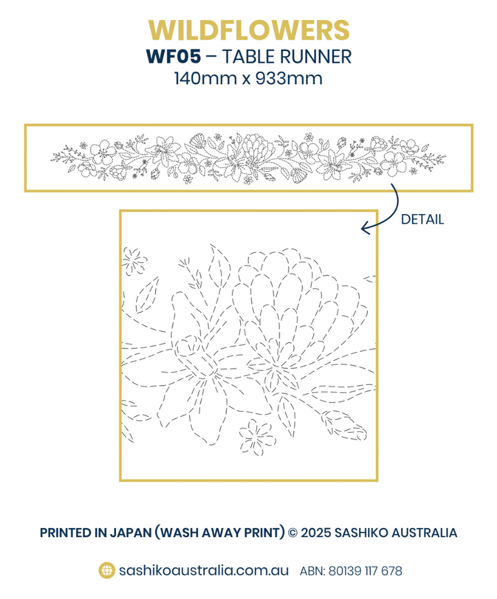 SASHIKO WILDFLOWER BOUQUET RUNNER 93.3CM X 14CM INDIGO