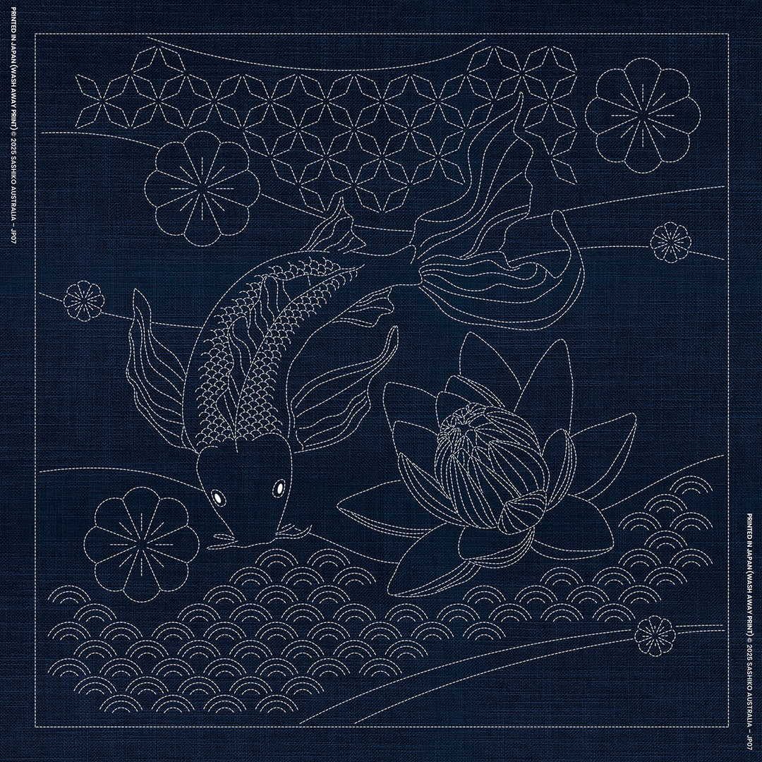 SASHIKO BUTTERFLY KOI  AND ANGLED SEVEN TREASURES 100CM X 100CM INDIGO