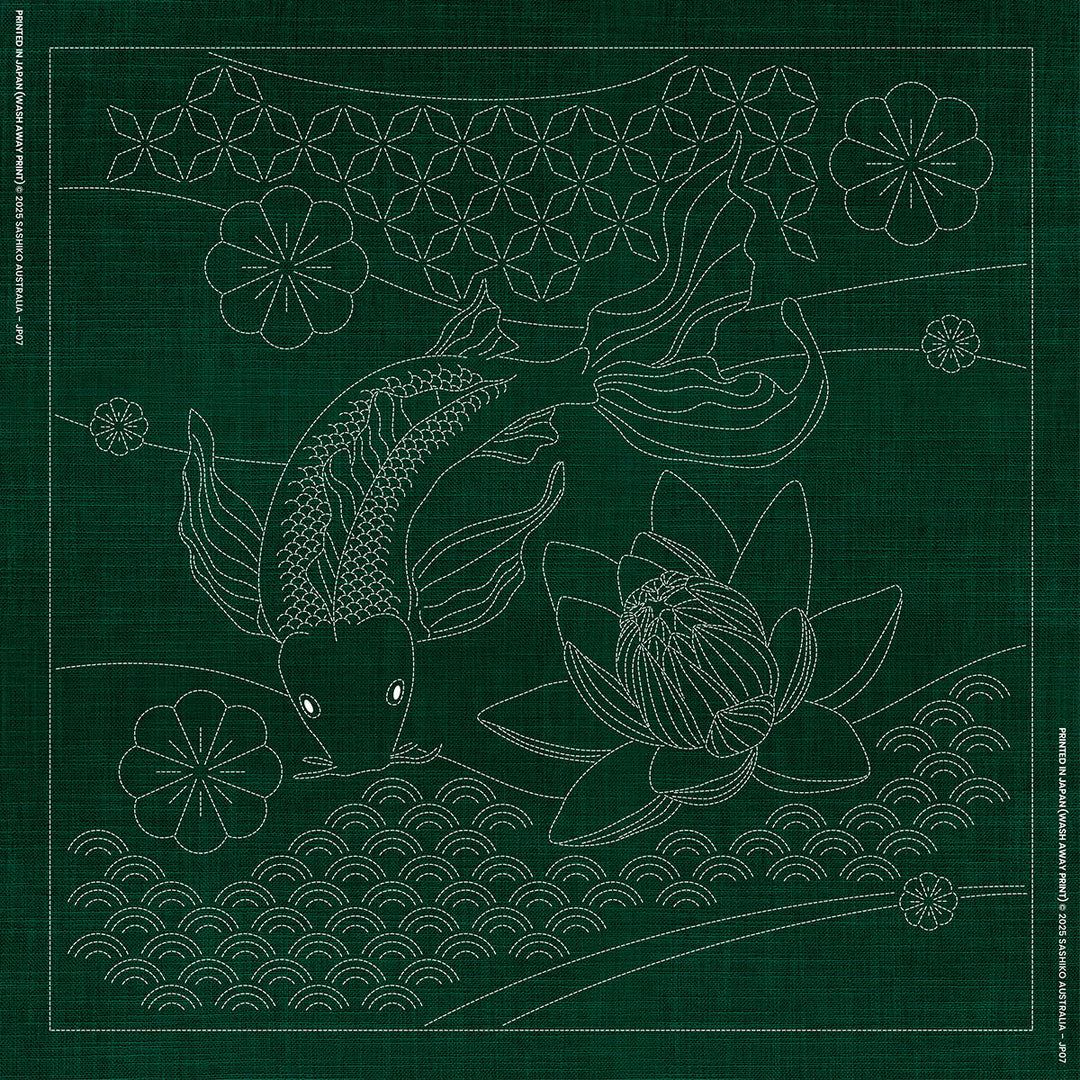 SASHIKO BUTTERFLY KOI  AND ANGLED SEVEN TREASURES 100CM X 100CM GREEN
