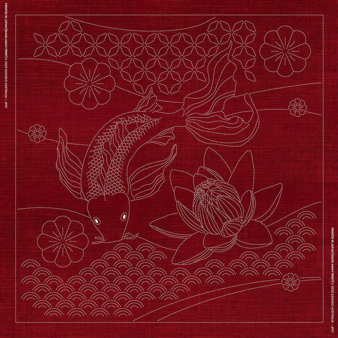 SASHIKO BUTTERFLY KOI  AND ANGLED SEVEN TREASURES 100CM X 100CM CHERRY RED
