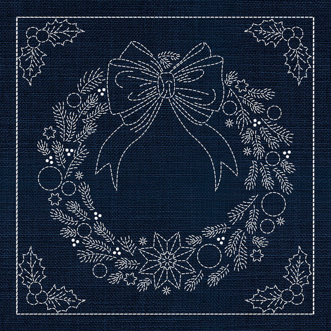SASHIKO CHRISTMAS WREATH 33CM X 33CM INDIGO