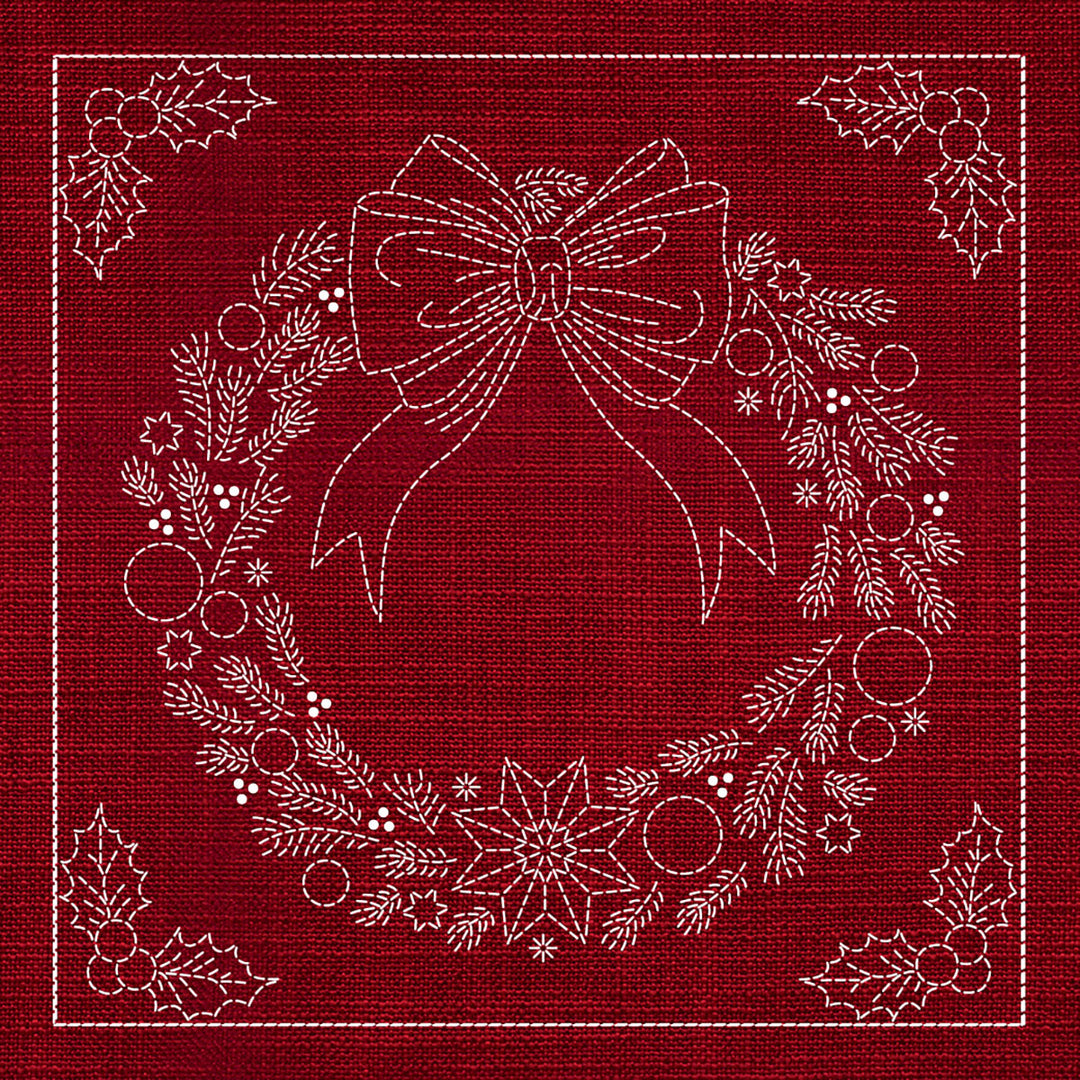 SASHIKO CHRISTMAS WREATH 33CM X 33CM CHERRY RED