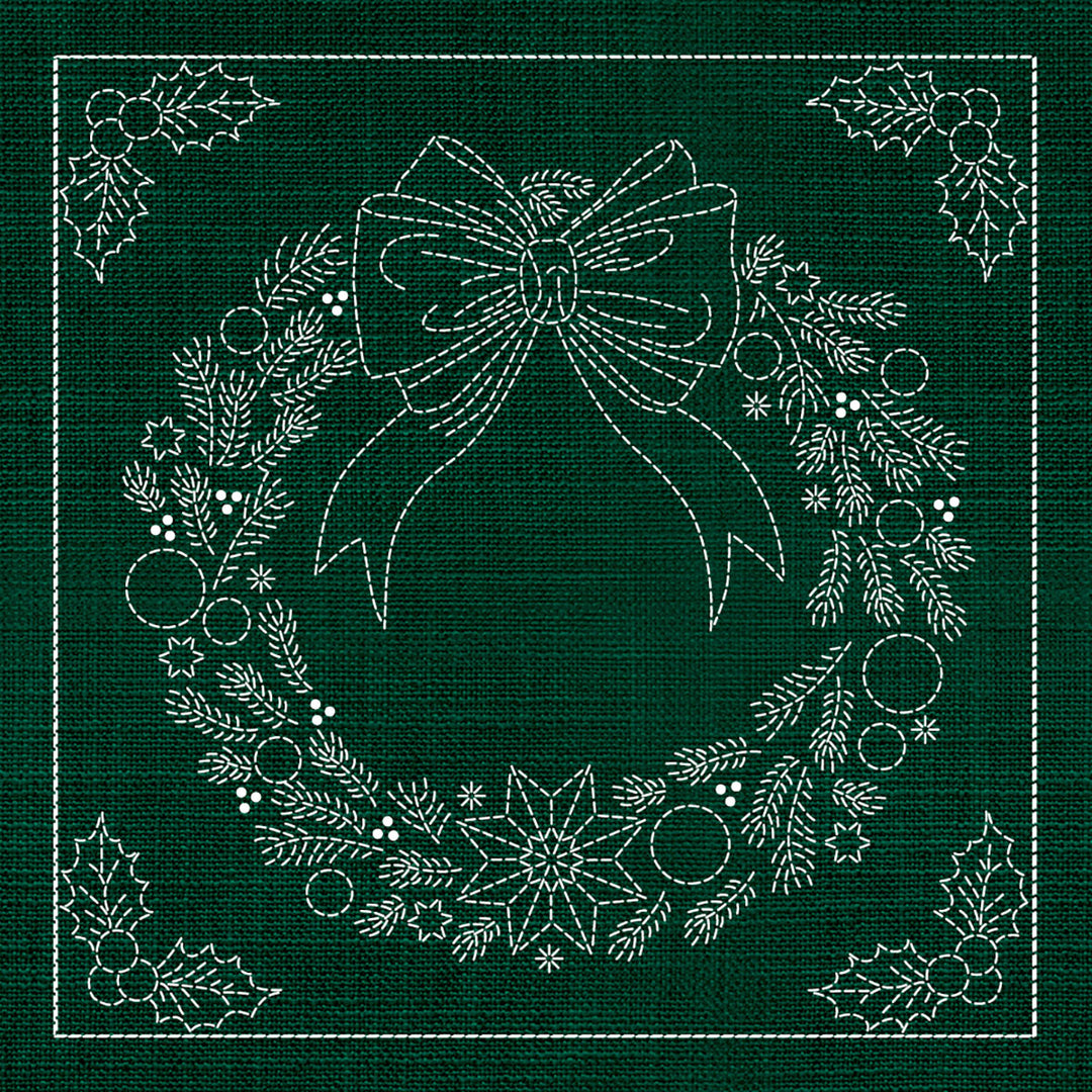 SASHIKO CHRISTMAS WREATH 33CM X 33CM GREEN