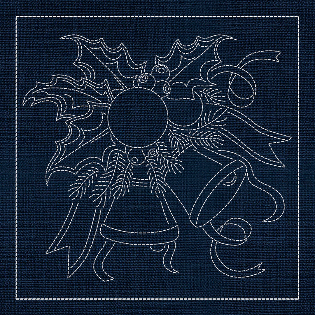 SASHIKO CHRISTMAS BELLS & HOLLY 33CM X 33CM INDIGO