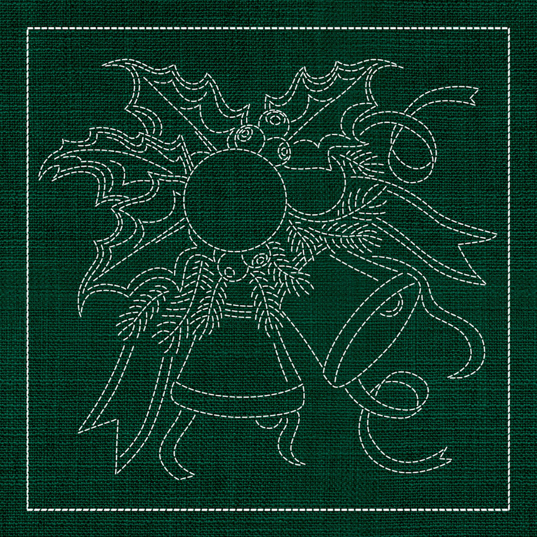 SASHIKO CHRISTMAS BELLS & HOLLY 33CM X 33CM GREEN