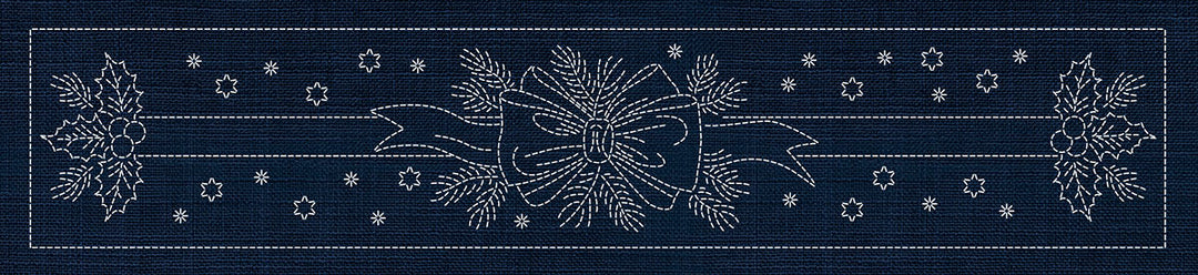 SASHIKO HOLLY & RIBBON RUNNER 72.5CM X 14CM INDIGO