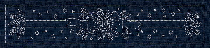 SASHIKO HOLLY & RIBBON RUNNER 72.5CM X 14CM INDIGO