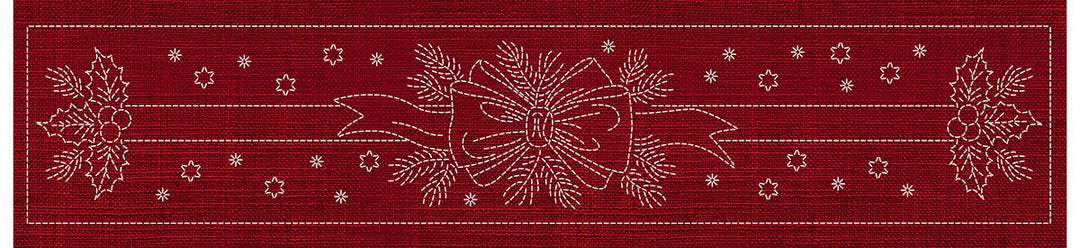 SASHIKO HOLLY & RIBBON RUNNER 72.5CM X 14CM CHERRY RED