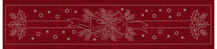 SASHIKO HOLLY & RIBBON RUNNER 72.5CM X 14CM CHERRY RED