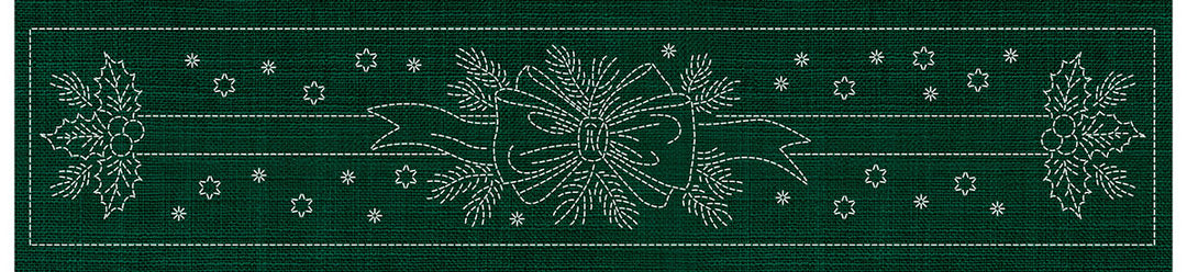 SASHIKO HOLLY & RIBBON RUNNER 72.5CM X 14CM GREEN