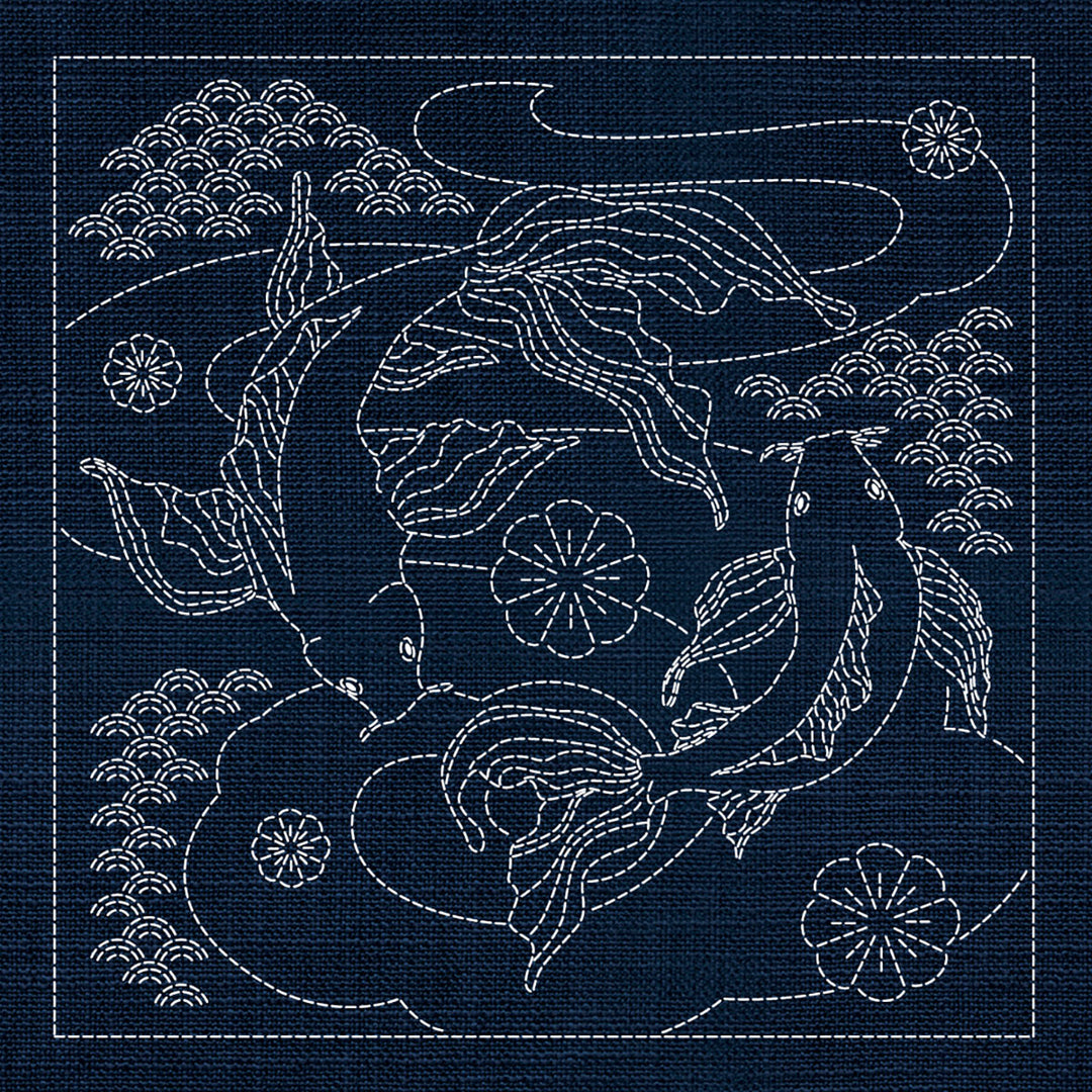 SASHIKO BUTTERFLY KOI & PLUM BLOSSOM 33CM X 33CM INDIGO