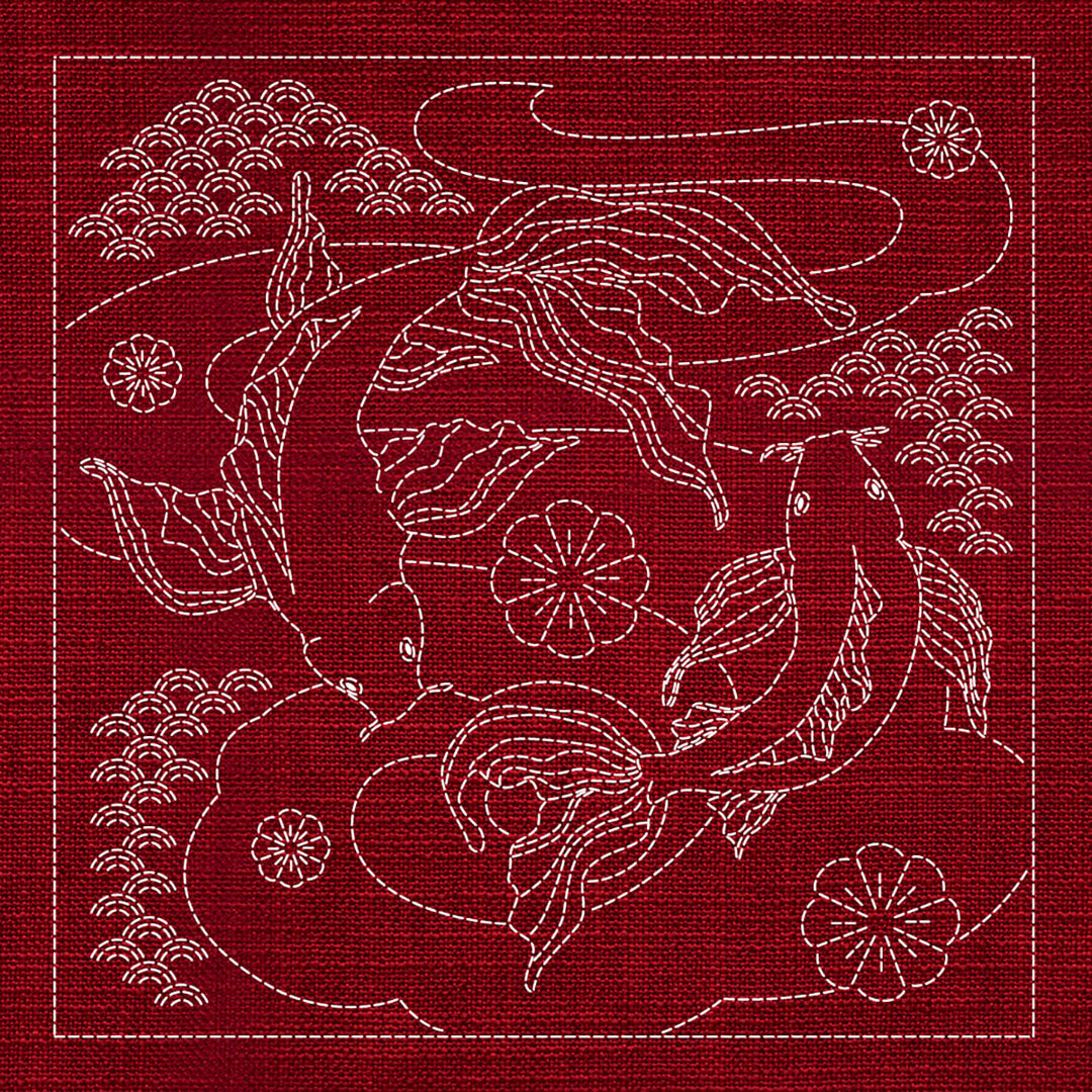 SASHIKO BUTTERFLY KOI & PLUM BLOSSOM 33CM X 33CM CHERRY RED
