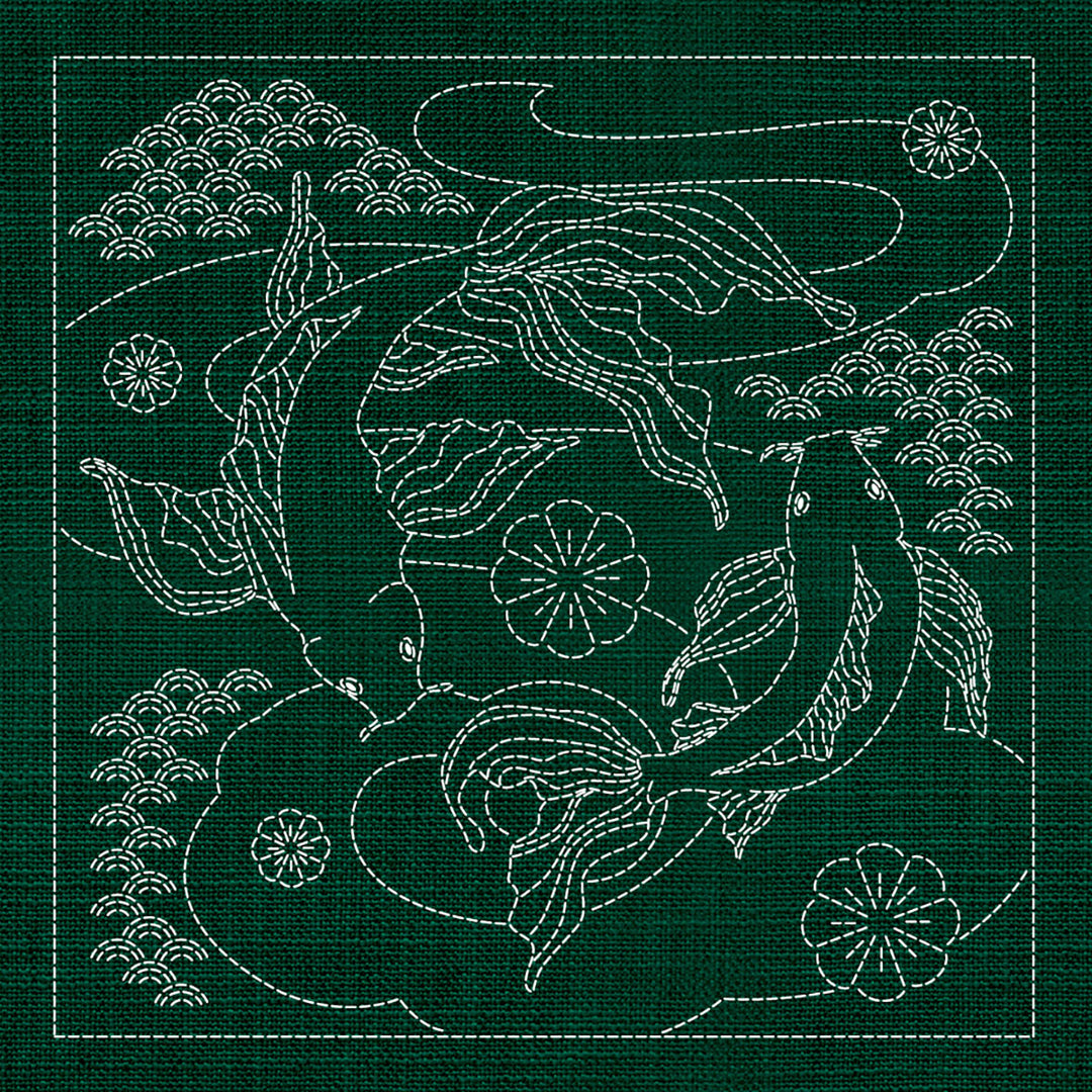 SASHIKO BUTTERFLY KOI & PLUM BLOSSOM 33CM X 33CM GREEN